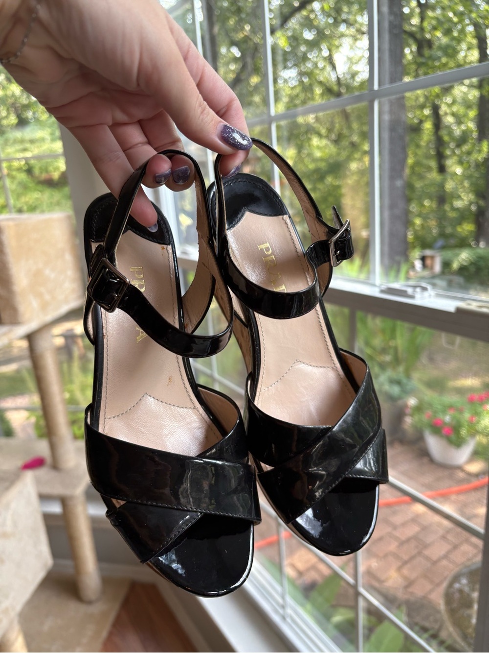 Prada Black Patent Leather Crisscross Slingback Heels